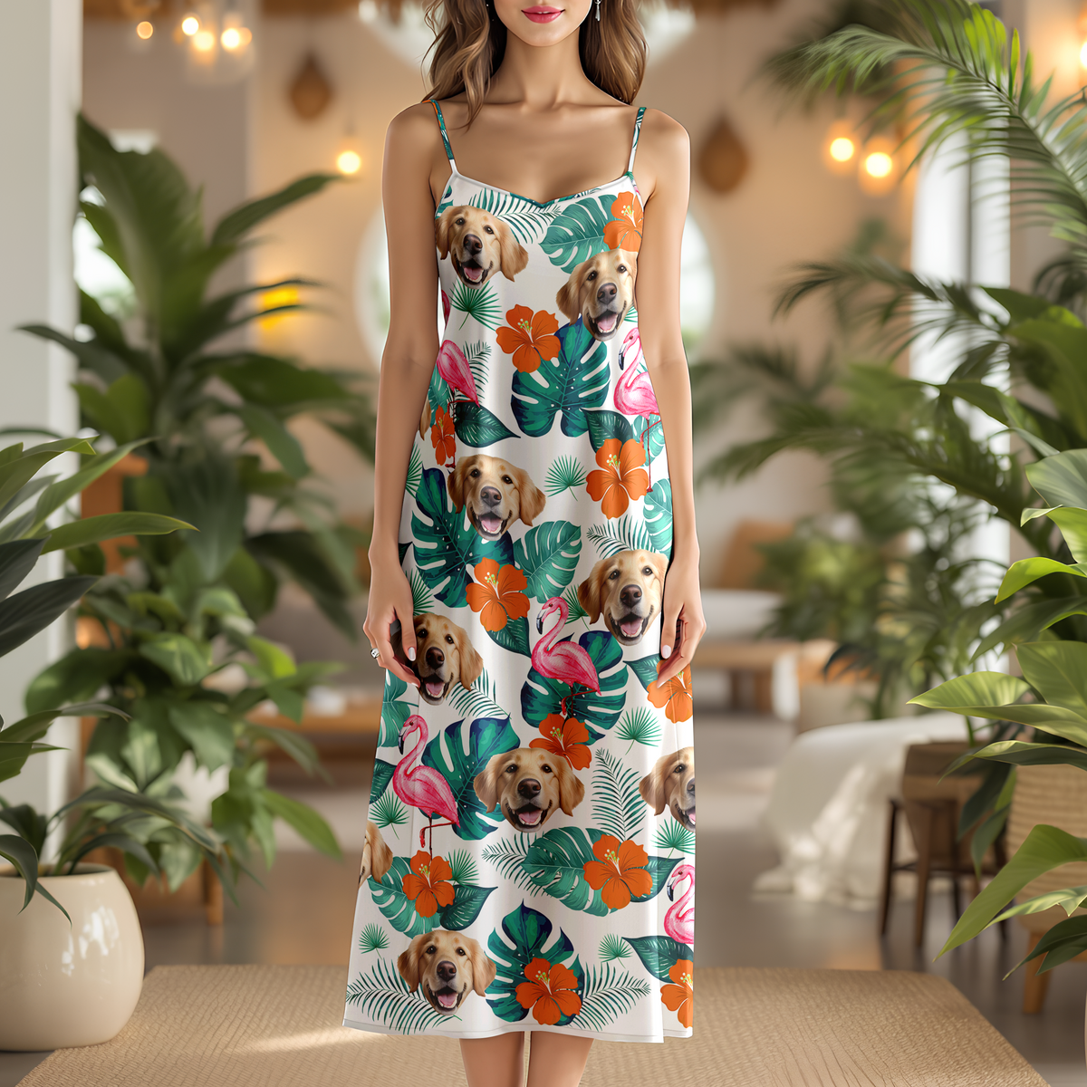 Custom Dog Photo Tropical Hawaii Style Personalized Women's V-Neck Cami Maxi Dress For Summer Holiday CH07 895672
