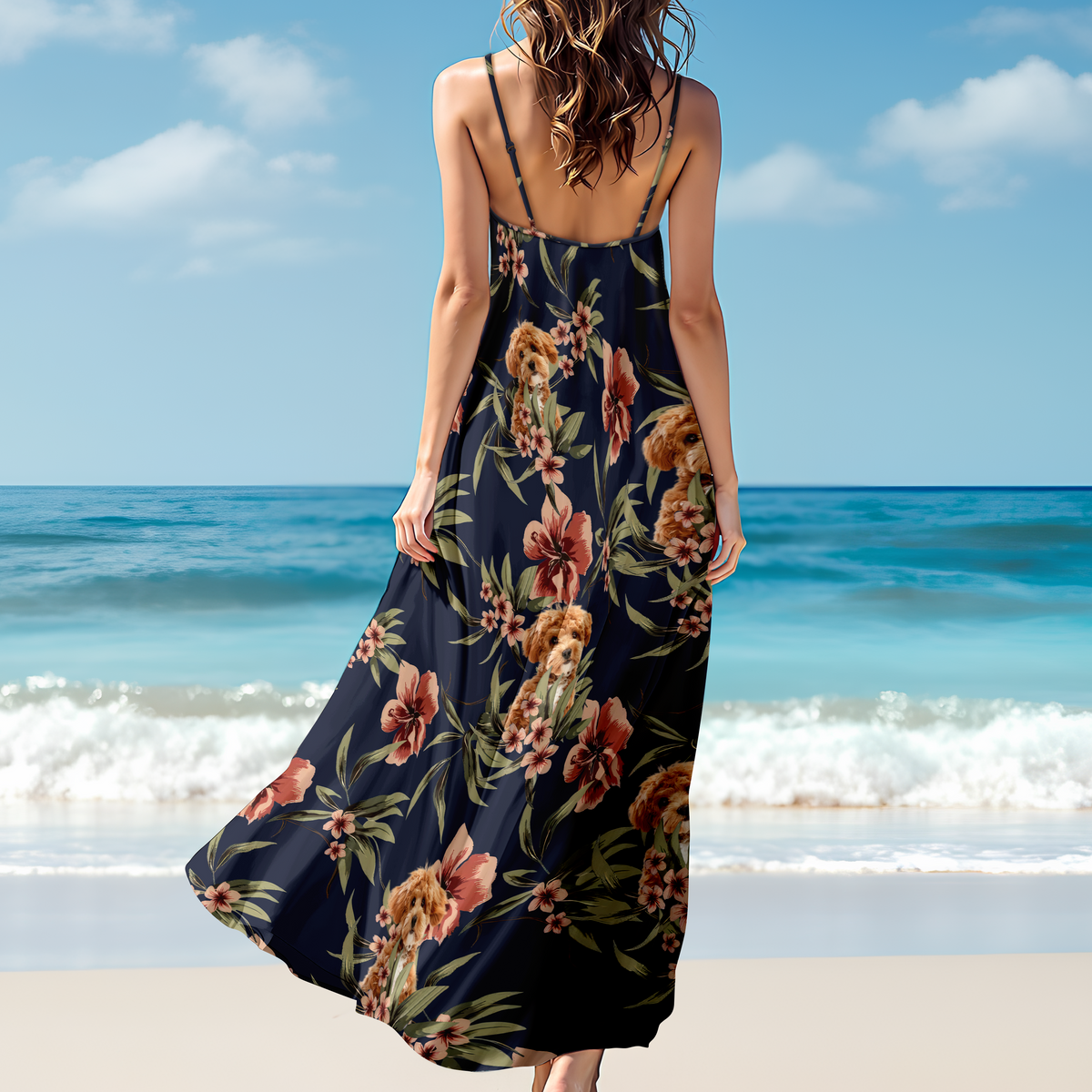 Custom Cute Dog Photo With Floral Pattern Women's V-neck Cami Maxi Dress LM32 893313