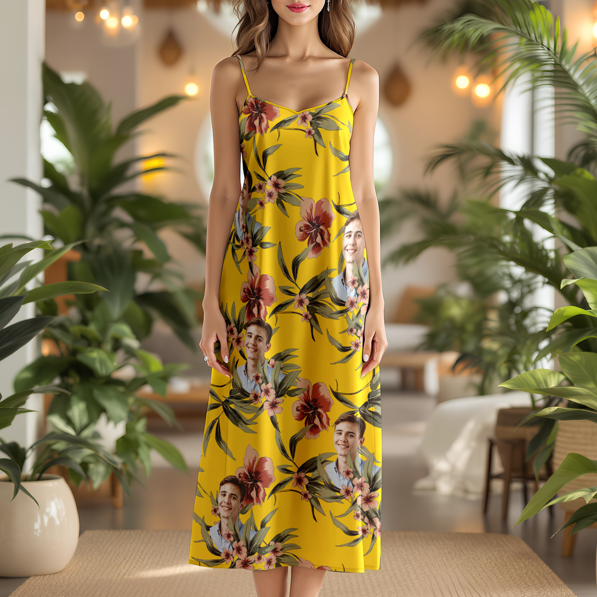 Custom Human Photo With Floral Pattern Women's V-neck Cami Maxi Dress LM32 893329