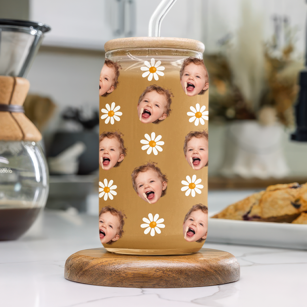 Custom Face Photo With Icon Family Glass Can With Lid TH10 894265