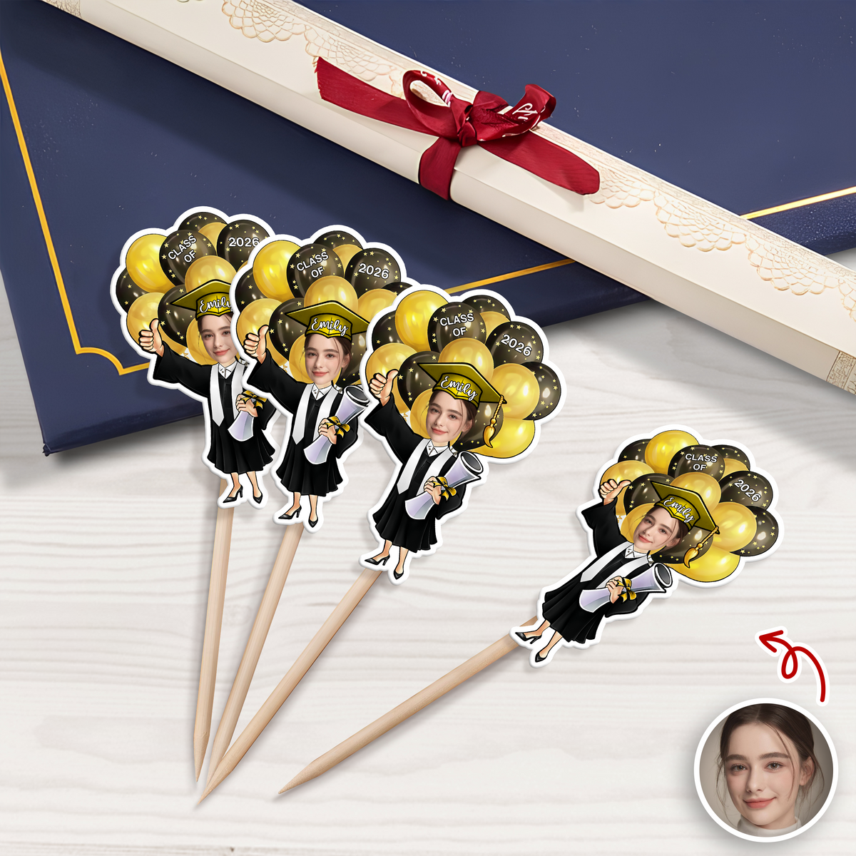 Custom Photo Class of 2026 Balloons Graduation Cupcake Toppers, Personalized Grad Party Decor CH07 910986