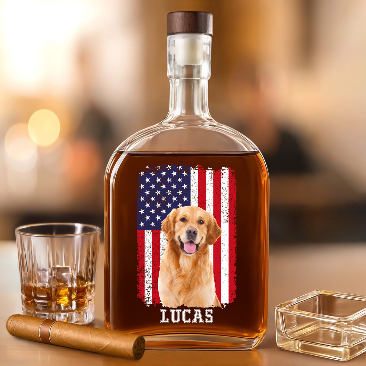 Custom Photo Dog With America Flag Whiskey Bottle HA75 892736
