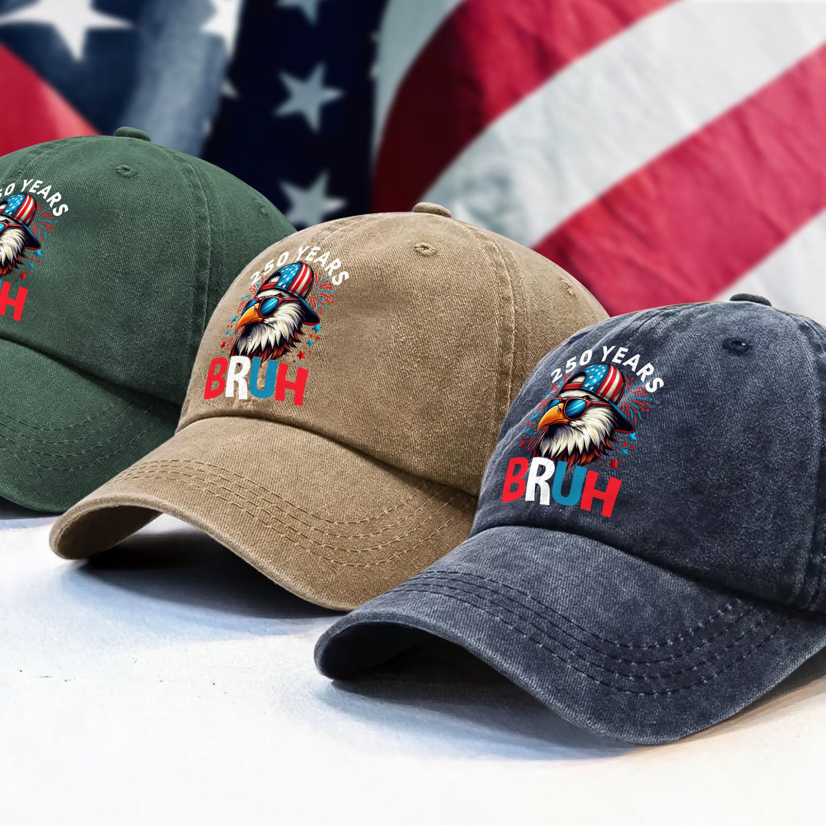 250 Years USA Bruh 250th Birthday 1776-2026 Eagle Flag Washed Denim Baseball Cap HA75 897332