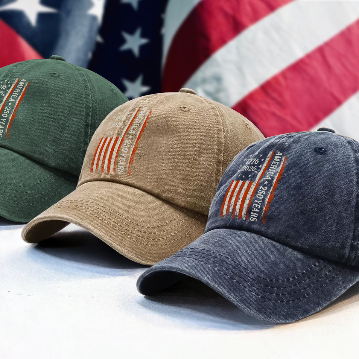 250 Years America Flag 250th Birthday 1776-2026 Washed Denim Baseball Cap HO82 894786