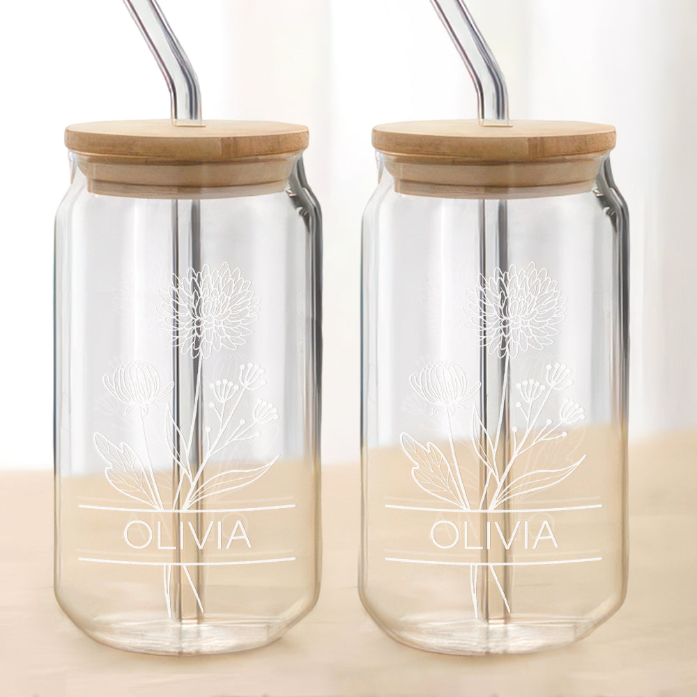 Custom Name With Birth Flower Engraved Glass Can With Lid HO82 894368