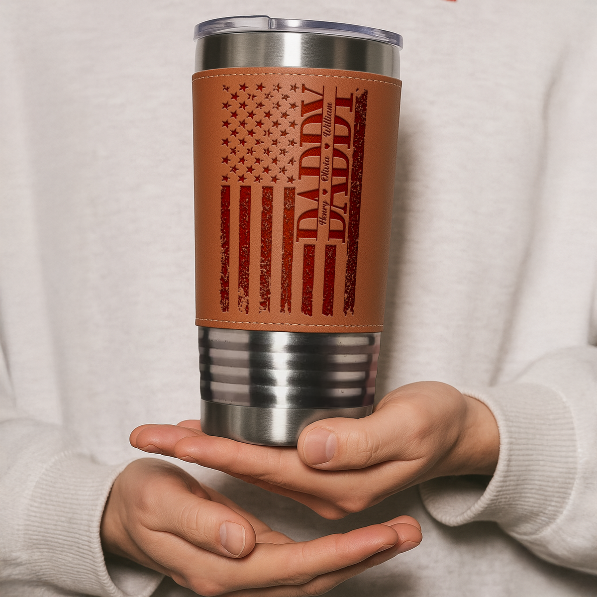 Custom Name Dad We Love You US Flag Leather Tumbler HA75 892560