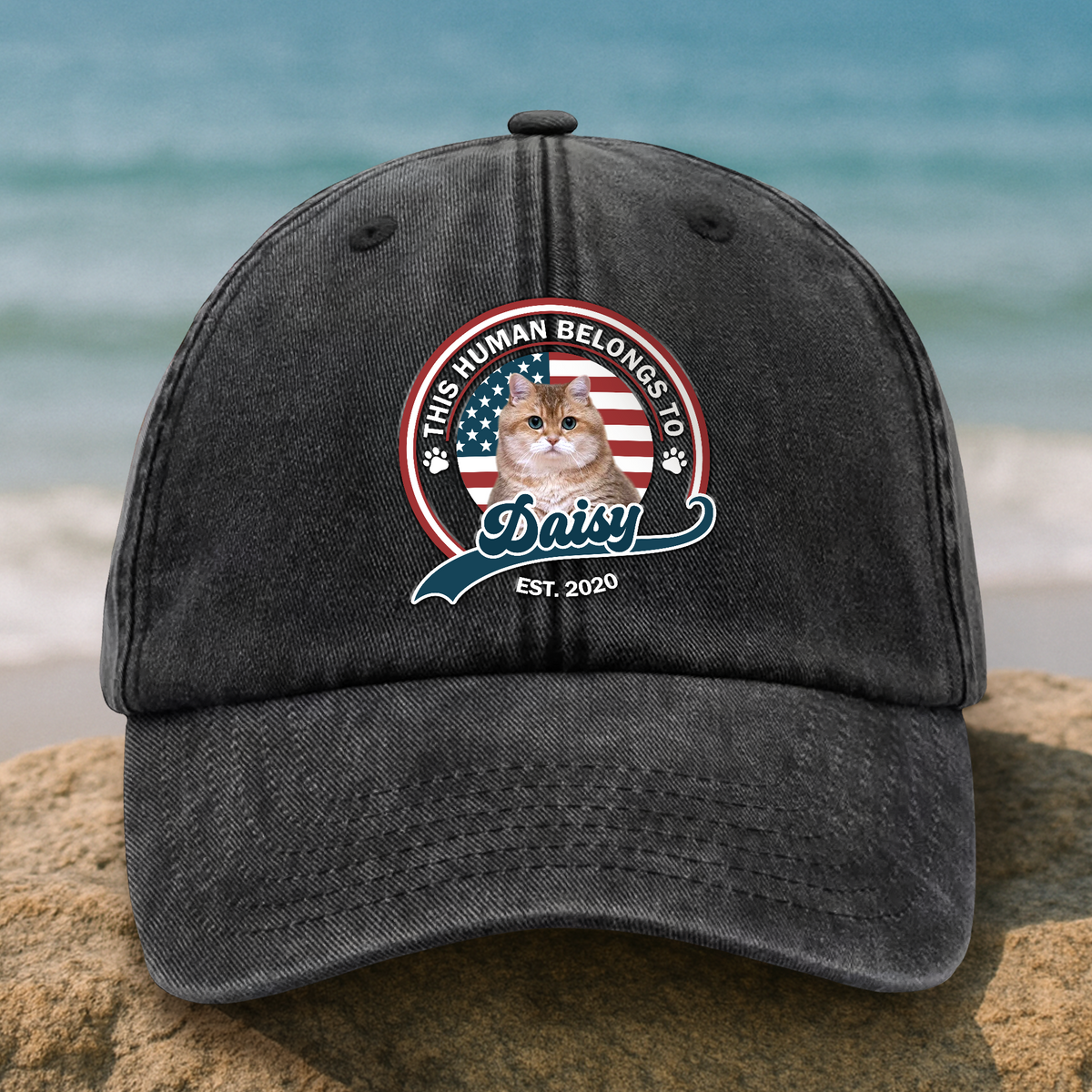Custom Photo This Human Belongs To Dog Cat Washed Denim Baseball HA75 892556