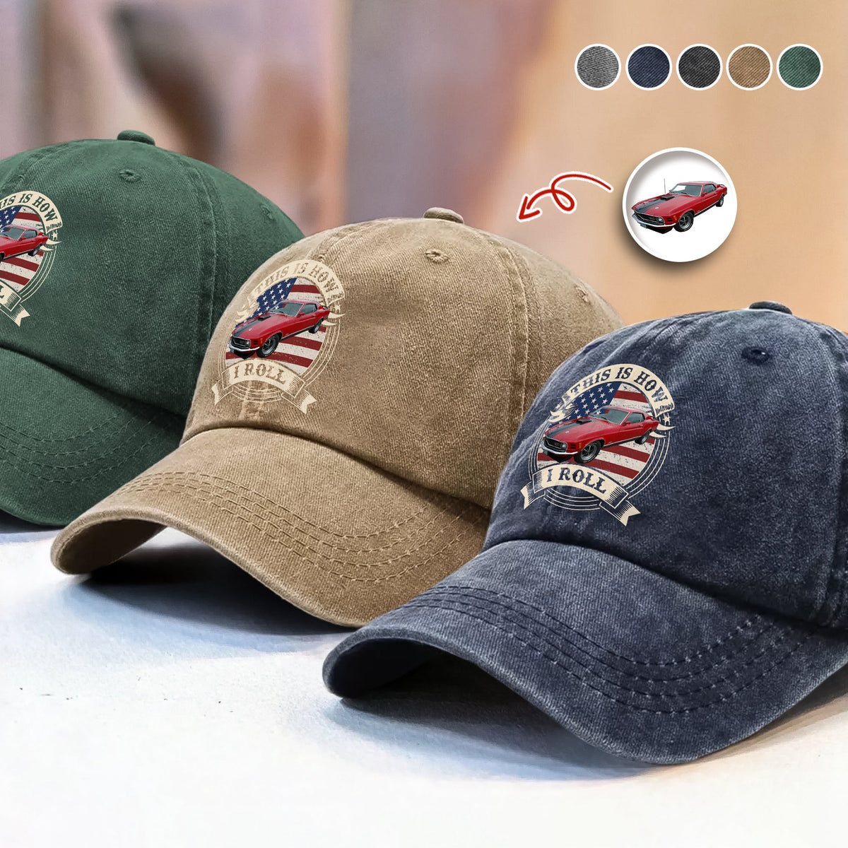 This Is How I Roll - Custom Car Photo Route 66 Vintage Washed Denim Baseball Cap CH07 896426