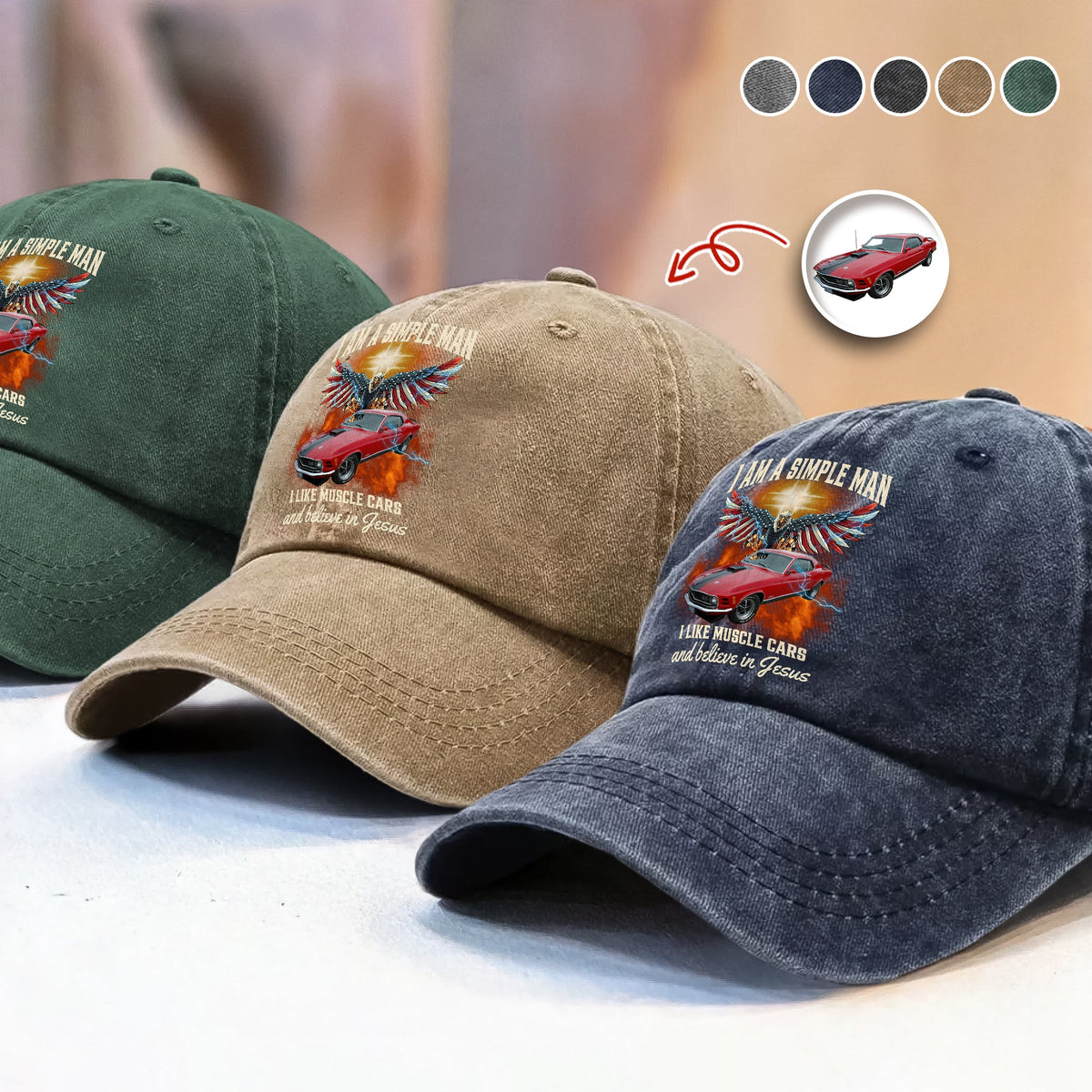 Custom Car Photo I Am A Simple Man Washed Denim Baseball Cap CH07 896386