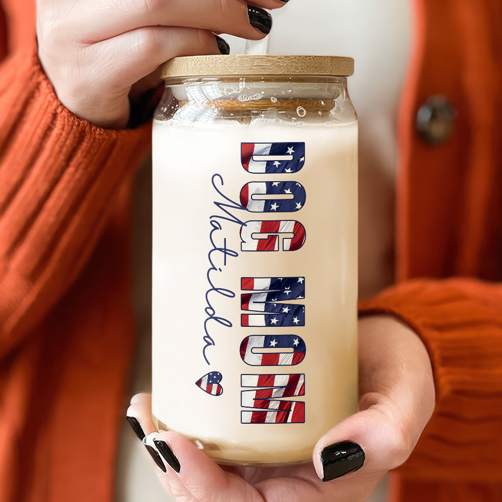 Custom Name America Dog Mom With Kid Glass Can With Lid Gift For Mom TH10 898695