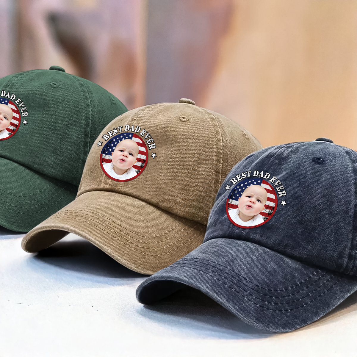 Custom Photo Best Dad Ever With US Flag Washed Denim Baseball Cap HA75 892528