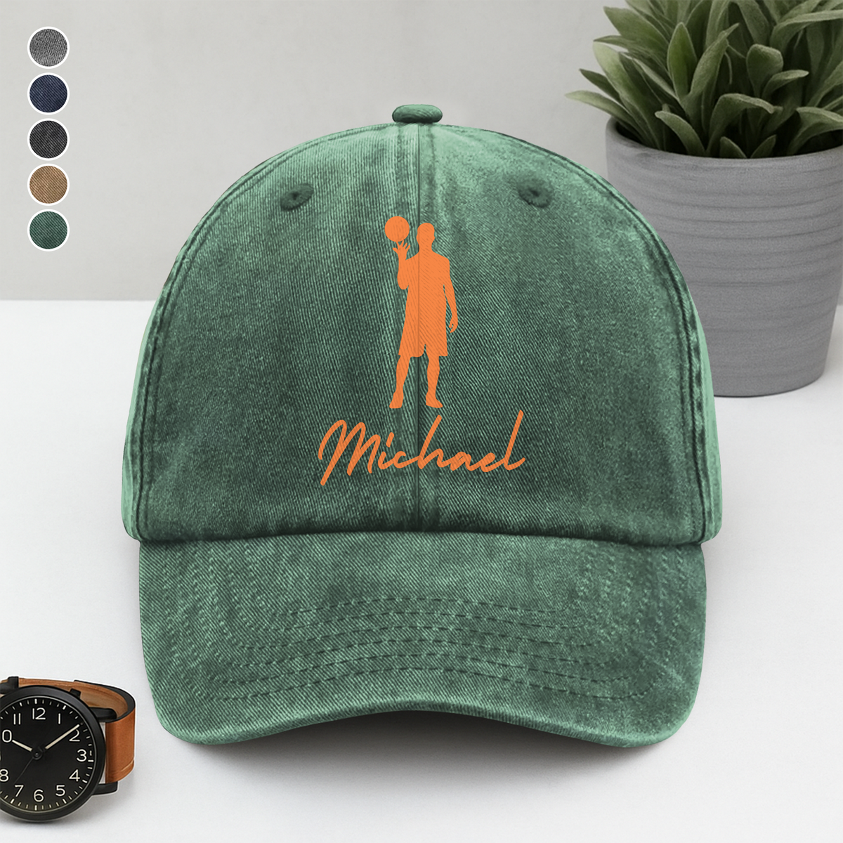 Personalized Basketball Player Silhouette Sport Washed Denim Baseball Cap LM32 893977