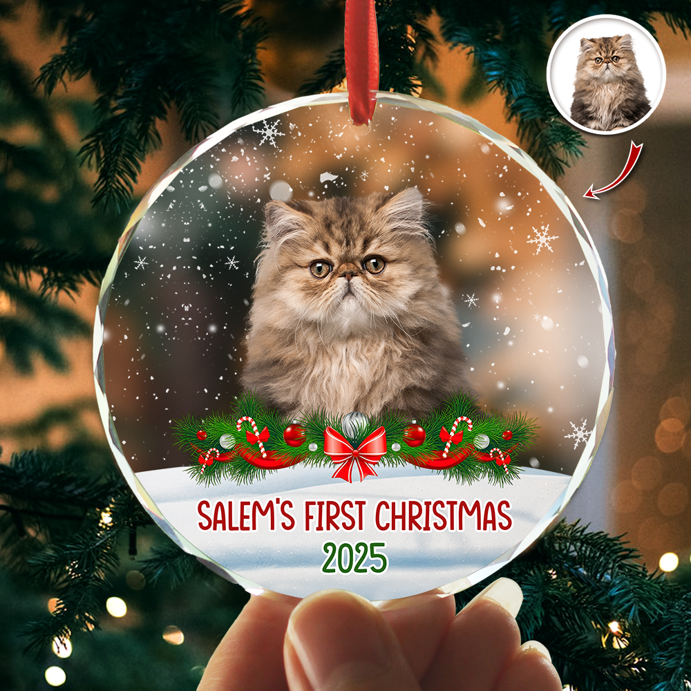 Custom Photo Cat First Christmas Glass Ornament HA75 897260