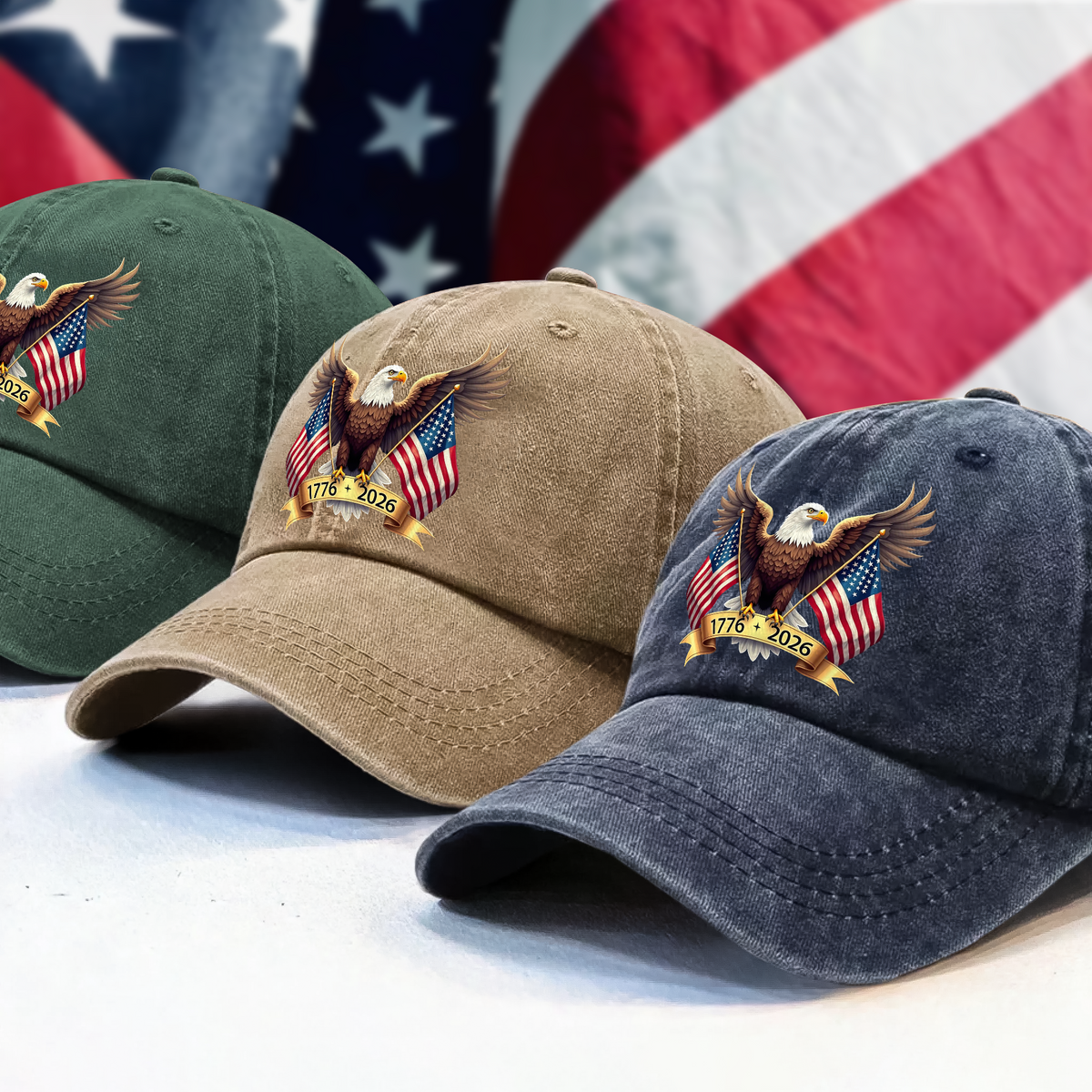 American Eagle and US Flag 250th Birthday USA Washed Denim Baseball Cap HO82 900356