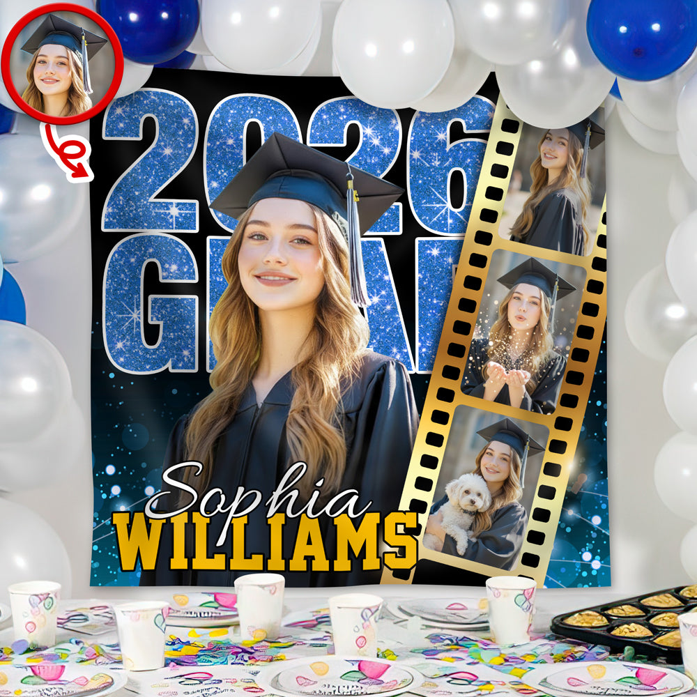 Custom Photo Class of 2026 Graduation Film Strip Glitter Backdrop, Personalized Party Decor LM32 899461