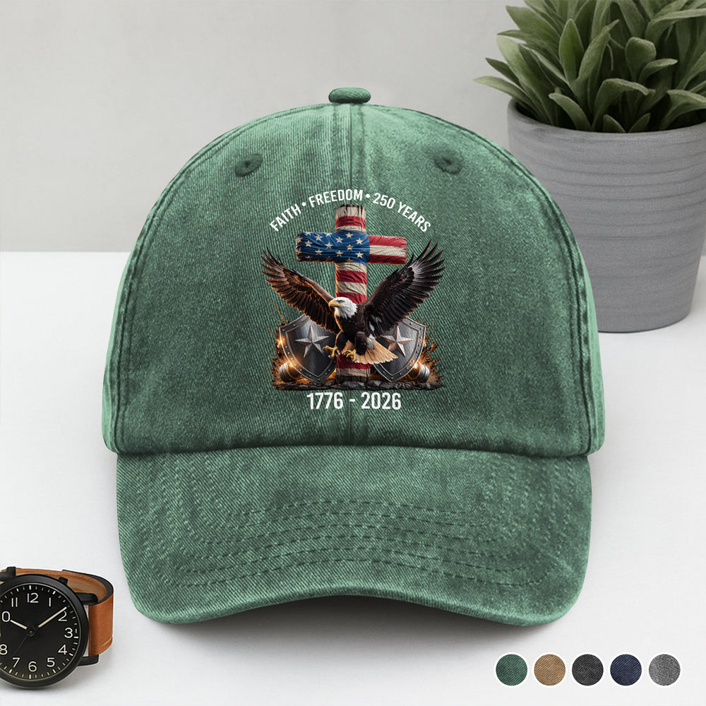 250 Years of Freedom 1776–2026 Eagle Patriotic Washed Denim Baseball Cap HO82 901272