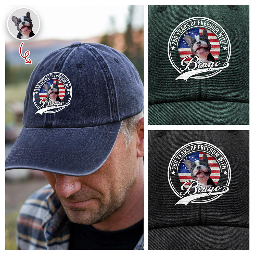 Custom Photo 250 Years Of Freedom With Dog Cat Washed Denim Baseball Cap HO82 894658