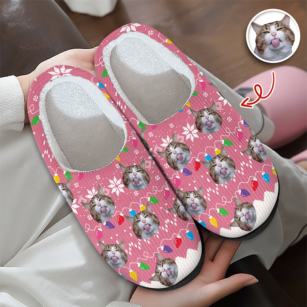 Custom Cat Faces Funny Christmas Lights Plush Slippers Gift For Cat Lovers HO82 900158