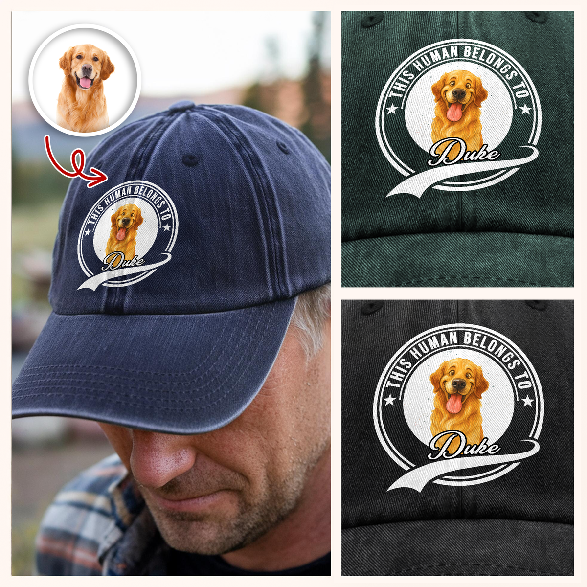 Custom Photo This Human Belongs To Dog Cat With Funny Caricature Style Washed Denim Baseball Cap For Dog And Cat Lovers HO82 894506