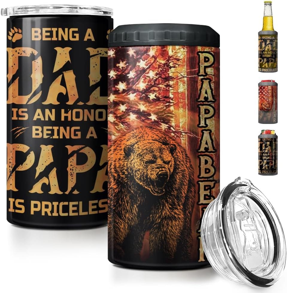 GeckoCustom 4-In-1 Dad Tumbler Gifts for Dad from Daughter Son - 12Oz Dad Fuel Can Cooler Tumblers Travel Mug Cup - Stainless Steel Insulated Cans Coozie Christmas, Birthday, Father'S Day Gift for Daddy Papa Bear - Black