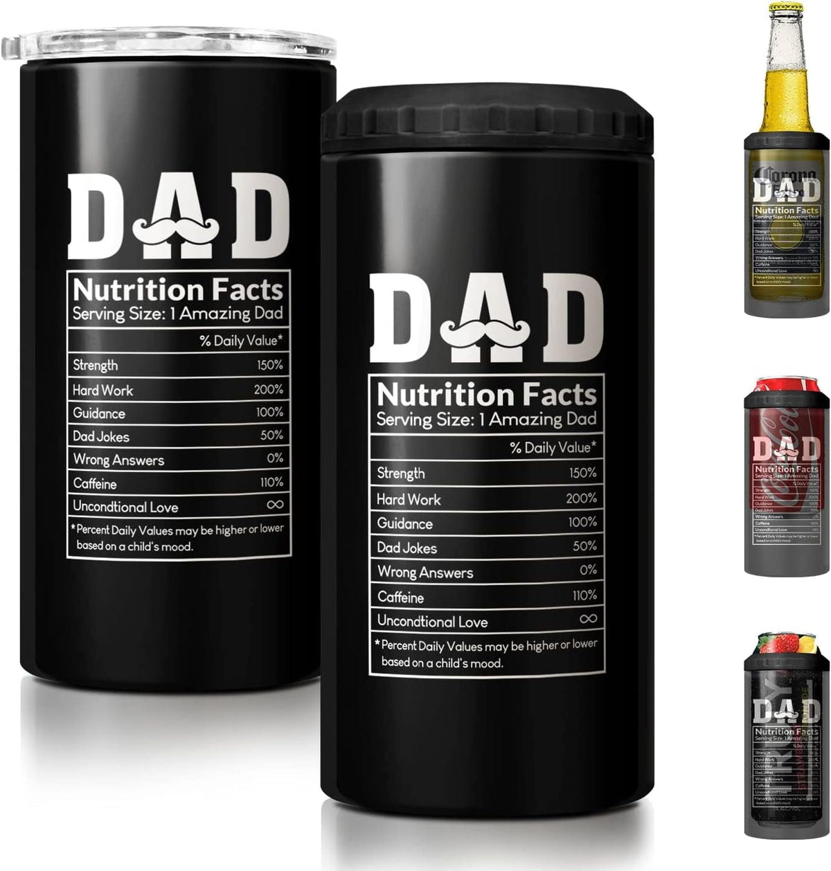 GeckoCustom 4-In-1 Dad Tumbler Gifts for Dad from Daughter Son - 12Oz Dad Fuel Can Cooler Tumblers Travel Mug Cup - Stainless Steel Insulated Cans Coozie Christmas, Birthday, Father'S Day Gift for Daddy Dad Nutrition Facts - Black