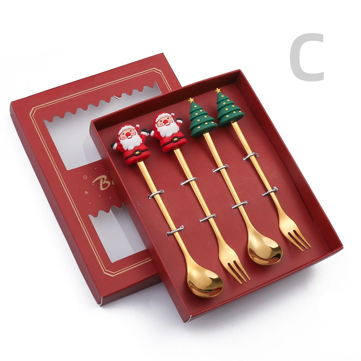 GeckoCustom 6/4/2PCS Christmas Gift Glod Spoon Fork Set Elk Christmas Tree Decoration Dessert Scoop Fruit Fork Coffee Spoon Cutlery Set 4PCS-Gold-A4