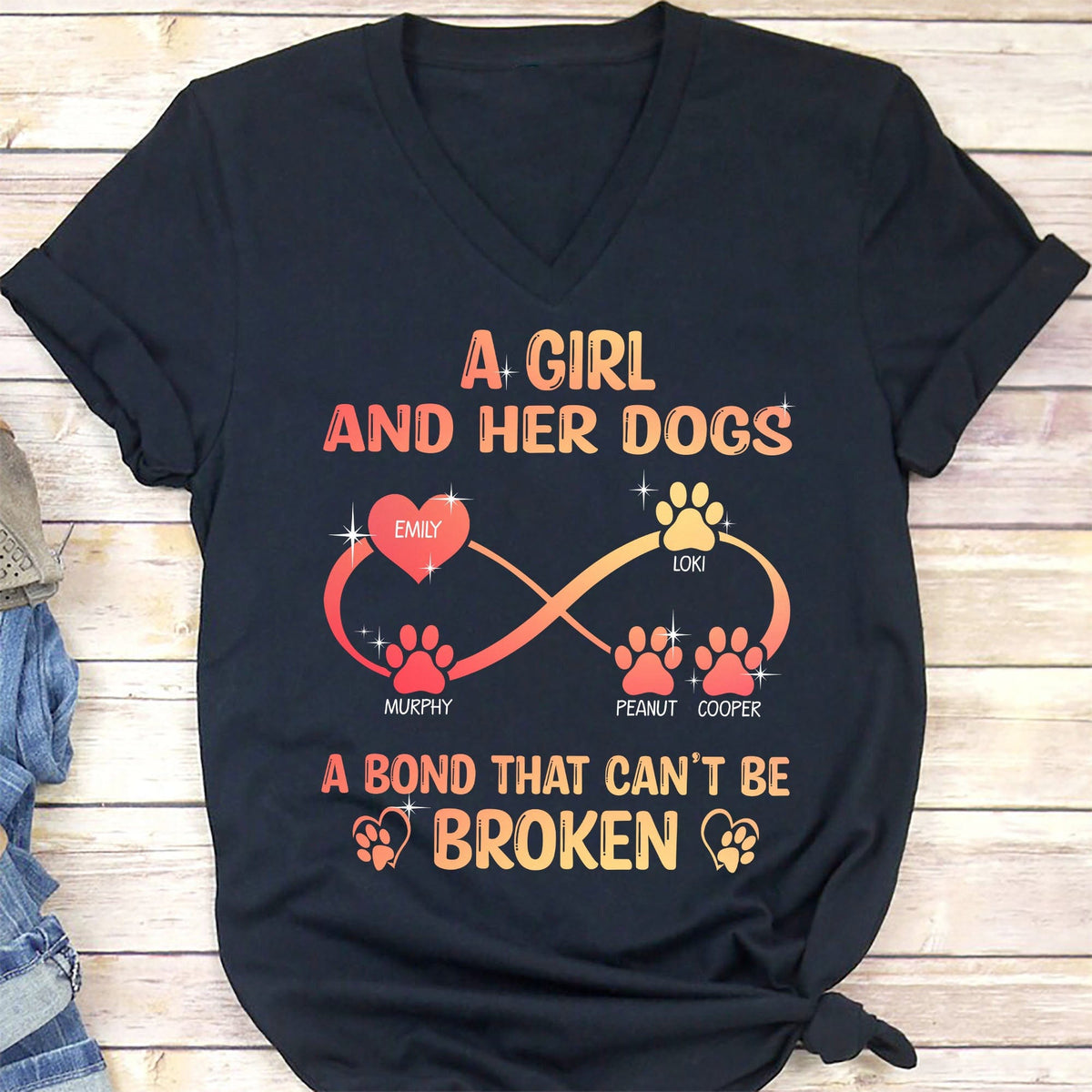 GeckoCustom A Girl And Her Dog A Bond That Can't Be Broken Personalized Custom Dog Frontside Shirt C456 Women V-neck / V Black / S