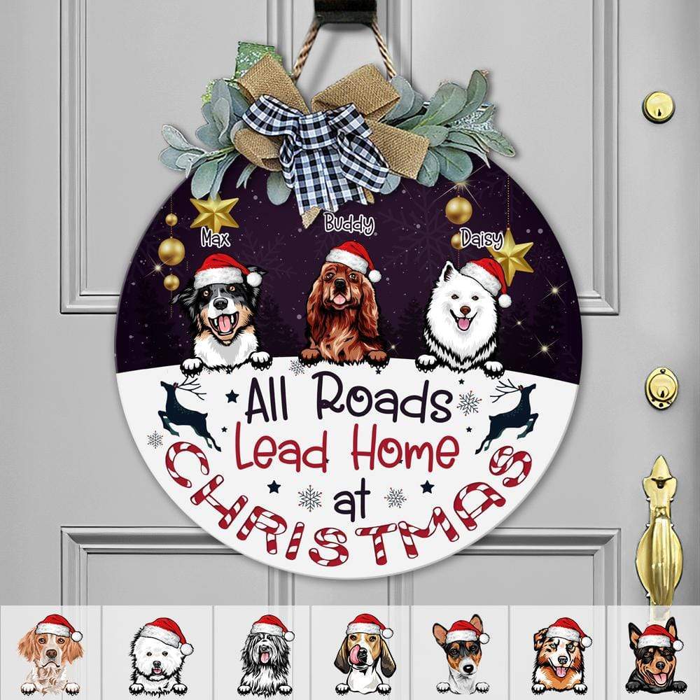 GeckoCustom All Roads Lead Home At Christmas Dog Wooden Door Sign With Wreath, Dog Lover Gift, Dog Door Hanger HN590