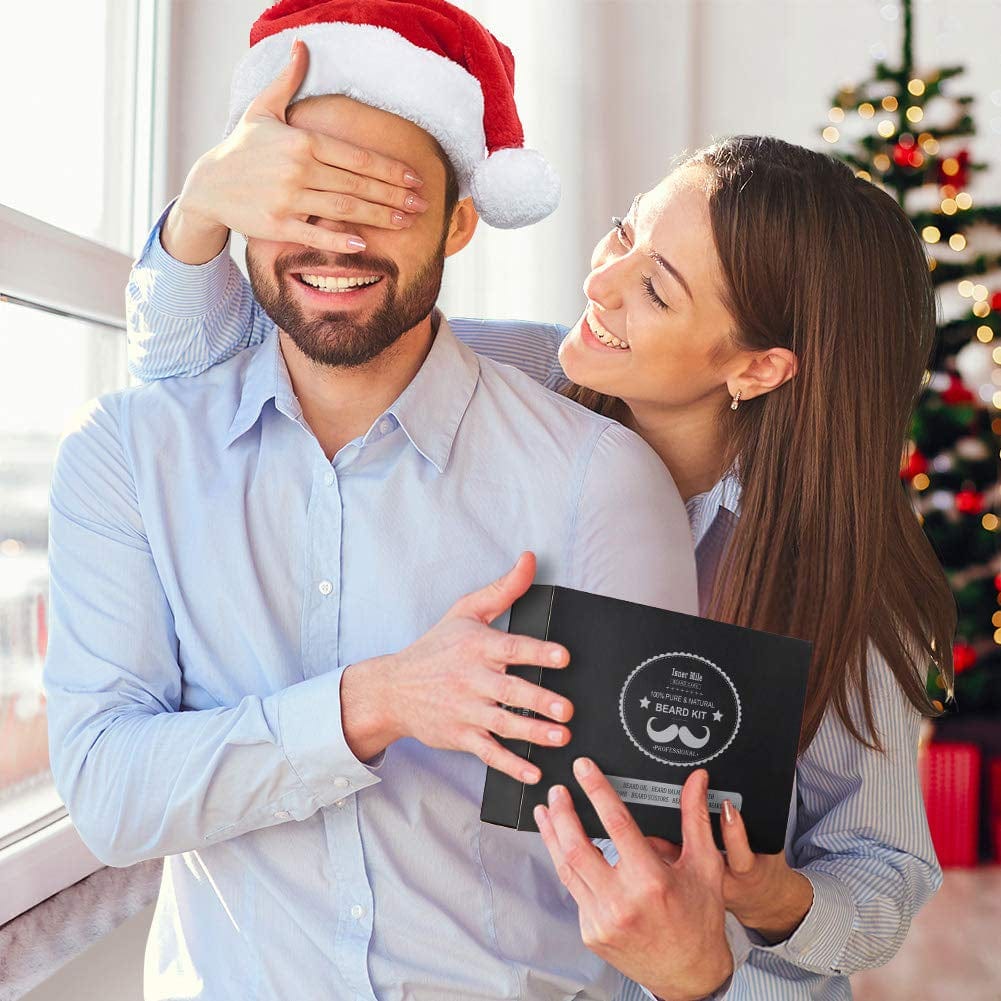 GeckoCustom Beard Kit for Men, Grooming & Trimming Tool Complete Set with Shampoo Wash, Beard Care Oil, Balm, Brush, Comb, Scissors & Storage Bag, Birthday Gifts for Him Men Dad Father Boyfriend Sandalwood