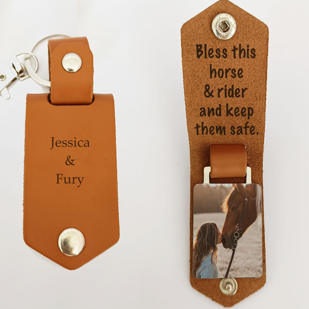 GeckoCustom Bless This Horse And Rider And Keep Them Safe Horse Vintage Leather Photo Keychain C258