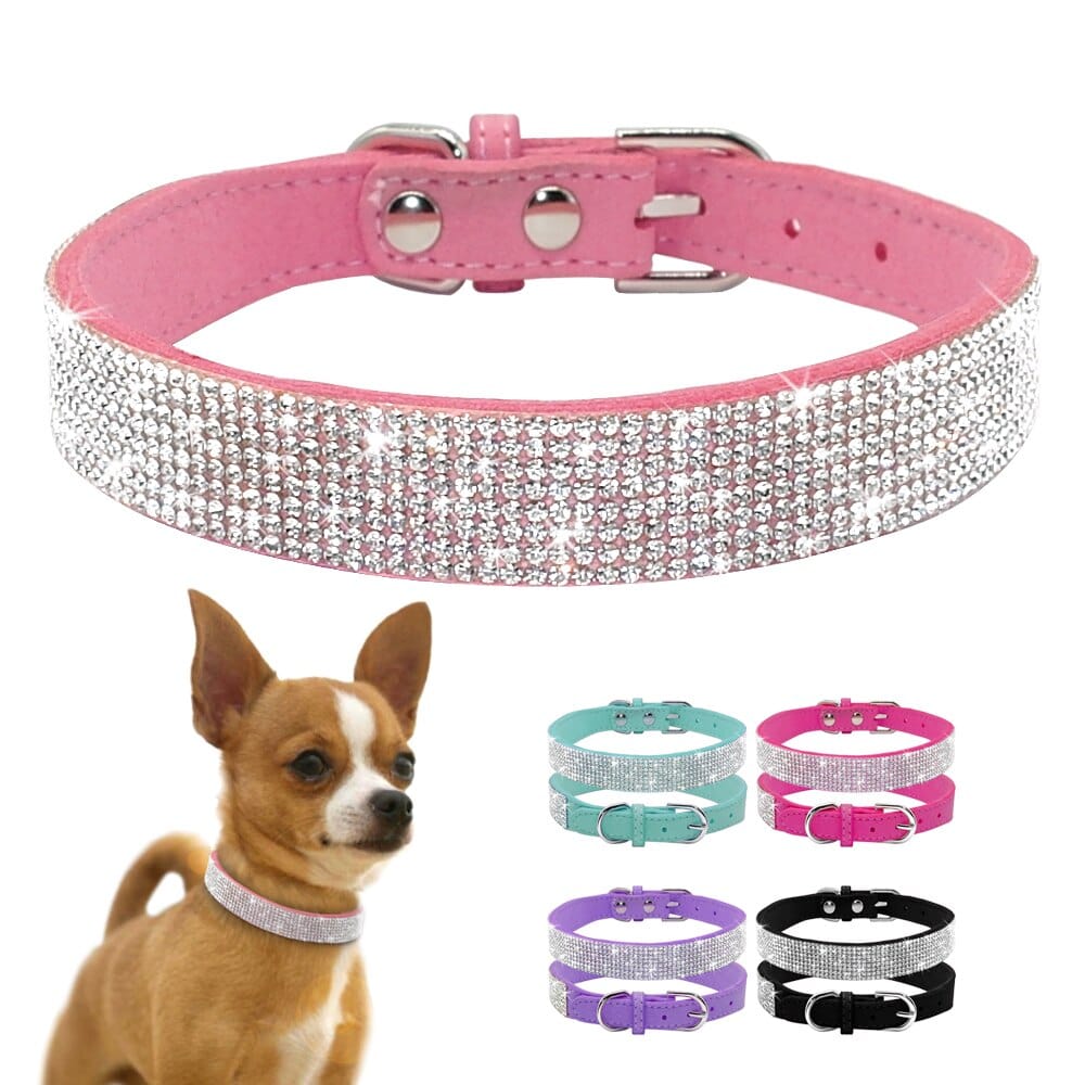 GeckoCustom Bling Rhinestone Dog Cat Collars Leather Pet Puppy Kitten Collar Walk Leash Lead For Small Medium Dogs Cats Chihuahua Pug Yorkie