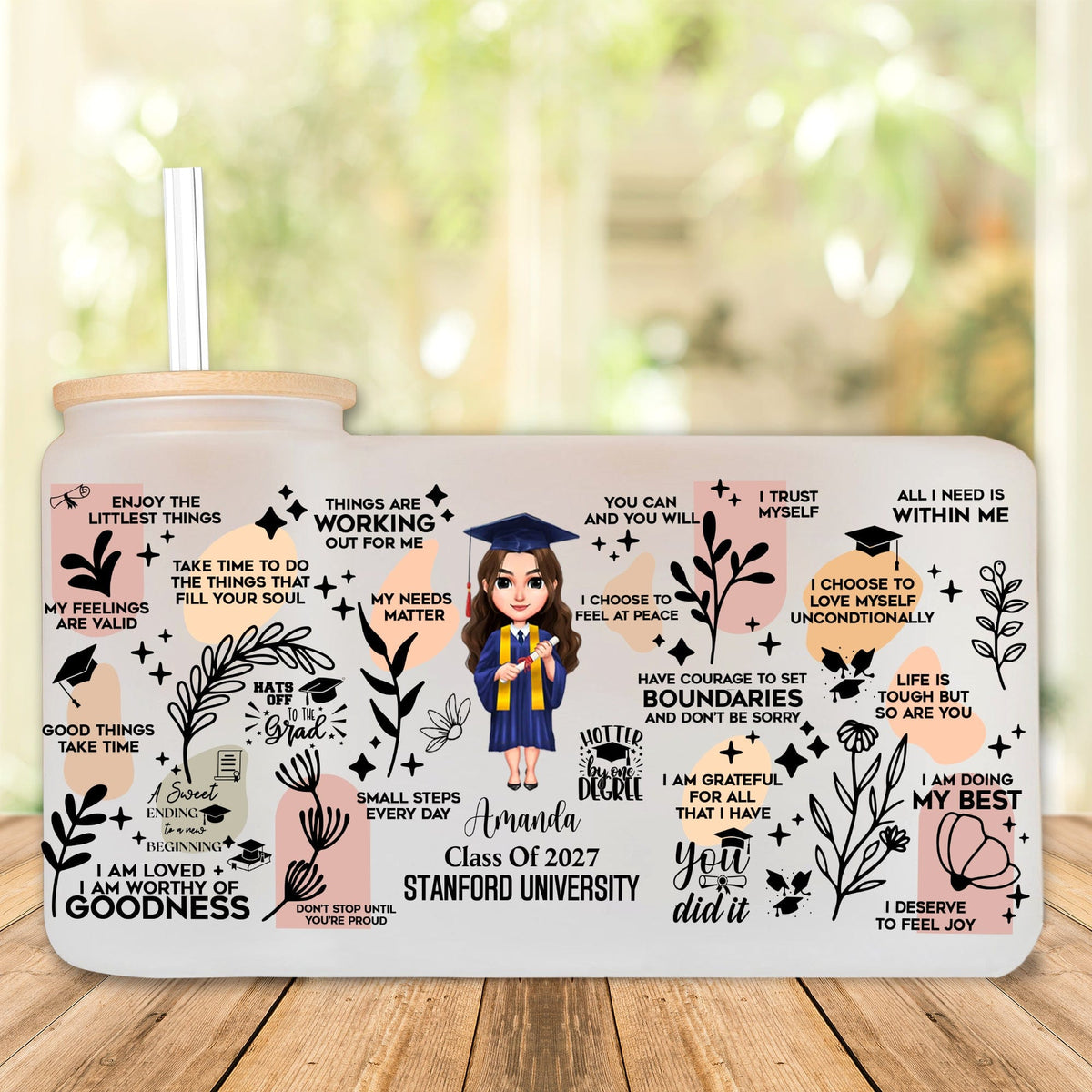 GeckoCustom Class Of 2025 Chibi Graduation Daily Reminders Glass Can With Lid Personalized Gift T368 890120