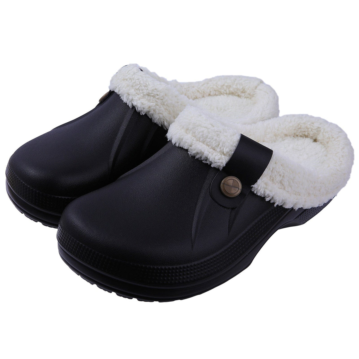 GeckoCustom Comwarm Indoor Women Warm Slippers Garden Shoes Soft Waterproof EVA Plush Slippers Female Clogs Couples Home Bedroom Fuzzy Shoes Black White / 35-36(8.6-8.8 inch) / China