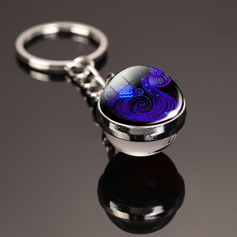 GeckoCustom Creative 12 Constellation Key Ring Time Stone Double-Sided Glass Ball Metal Keychain Pendant Key Chain Accessories Fashion Gift Aquarian luminous