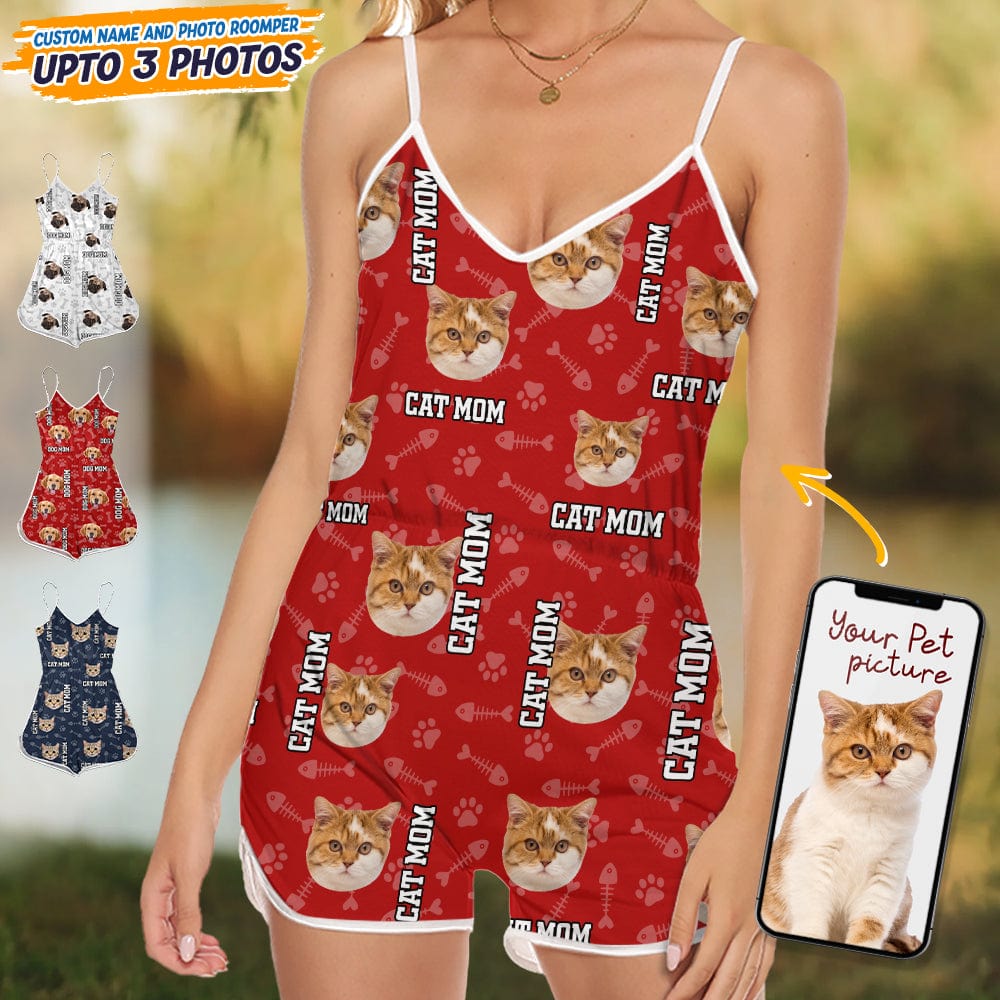 GeckoCustom Custom Cat Photo With Accessory Pattern Sleeveless Romper K228 889000