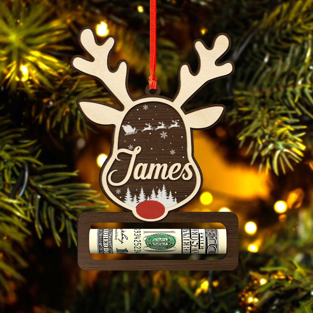 GeckoCustom Custom Name Christmas Reindeer Wood Money Holder Ornament HO82 893300 4"x4"