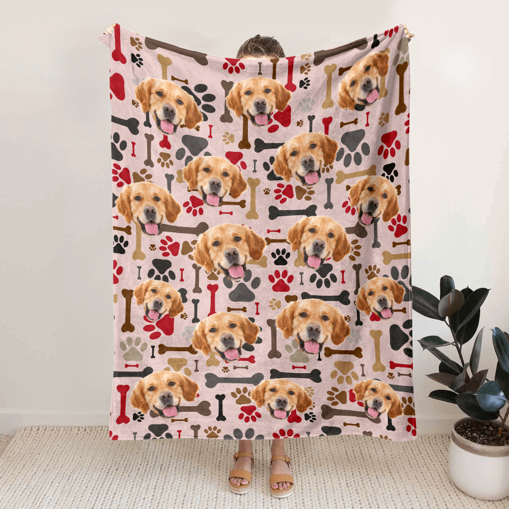 GeckoCustom Custom Pet Photo With Paw And Bones Pattern Blanket TA29 889928