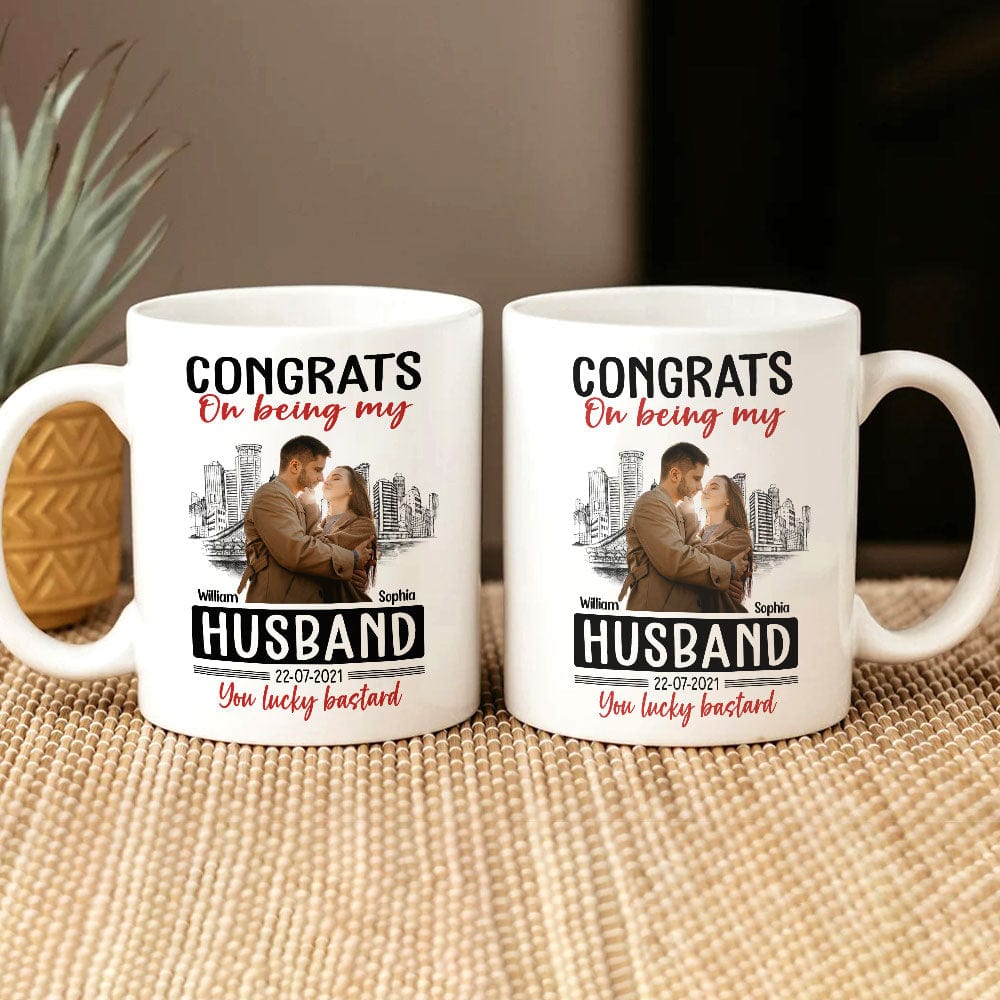 GeckoCustom Custom Photo Congrats On Being My Husband You Lucky Bastard Couple Mug N304 889962