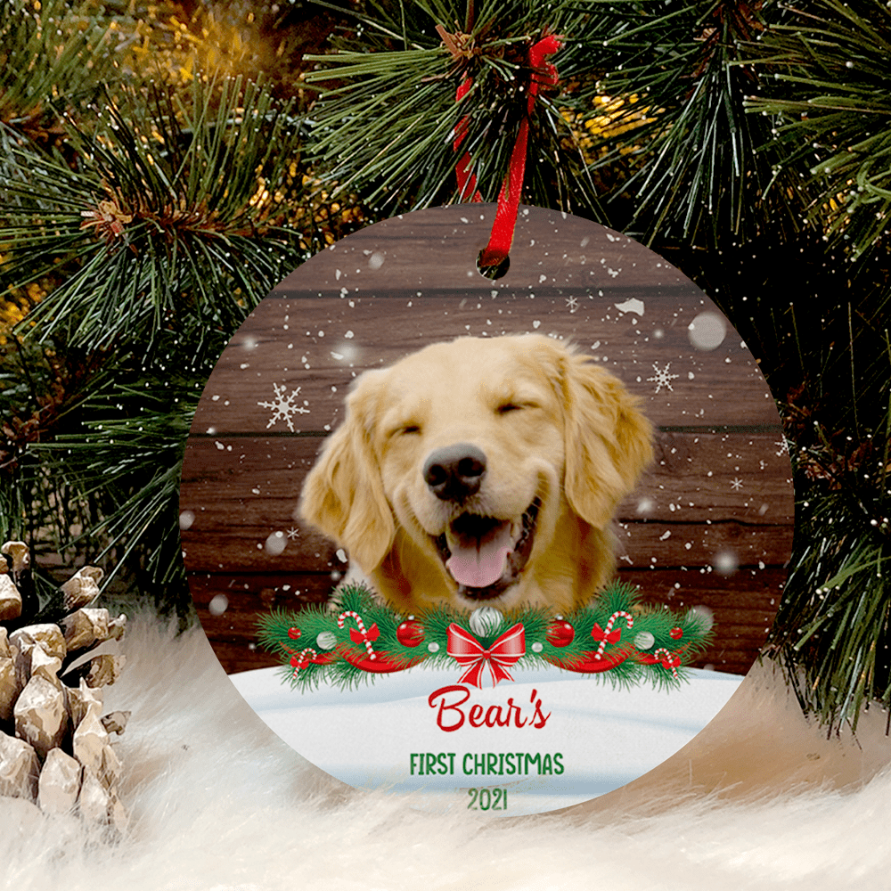 GeckoCustom Custom Photo Dog Cat Christmas Wooden Background Ornament TA29 889849