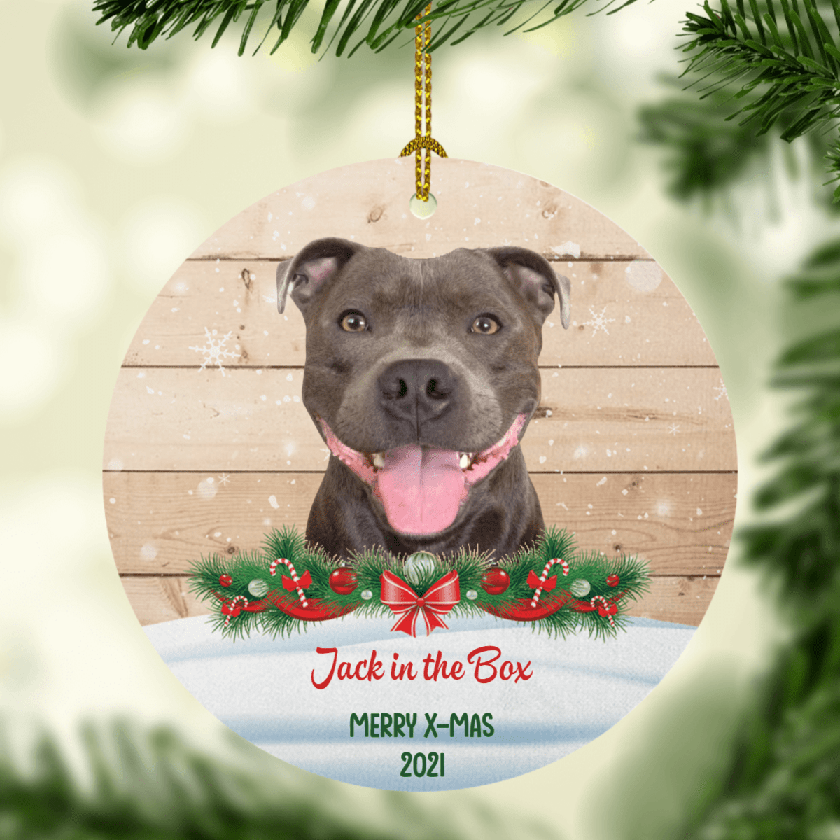 GeckoCustom Custom Photo Dog Cat Christmas Wooden Background Ornament TA29 889849