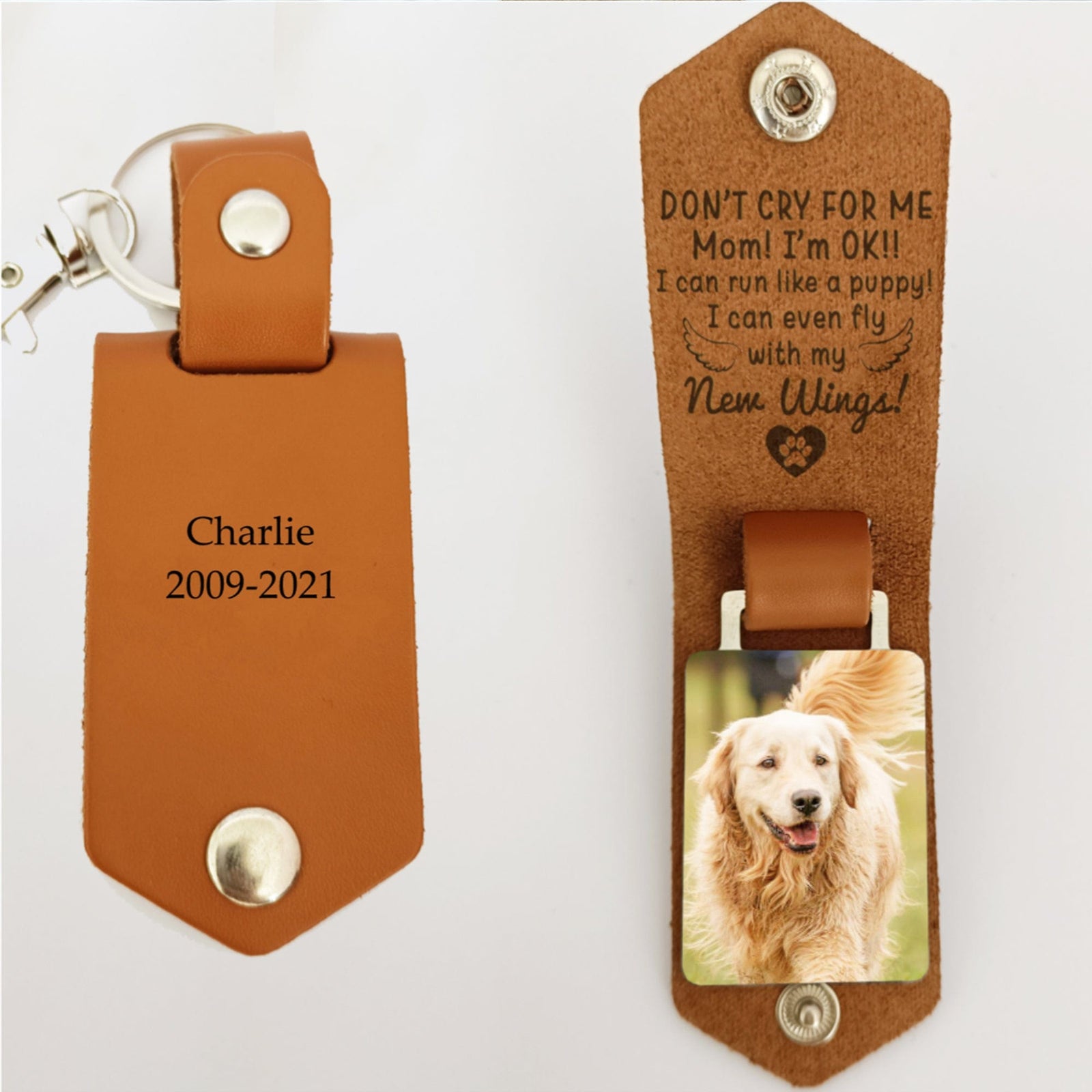 GeckoCustom Don't Cry For Me I'm Ok Dog Pet Memorial Vintage Leather Photo Keychain