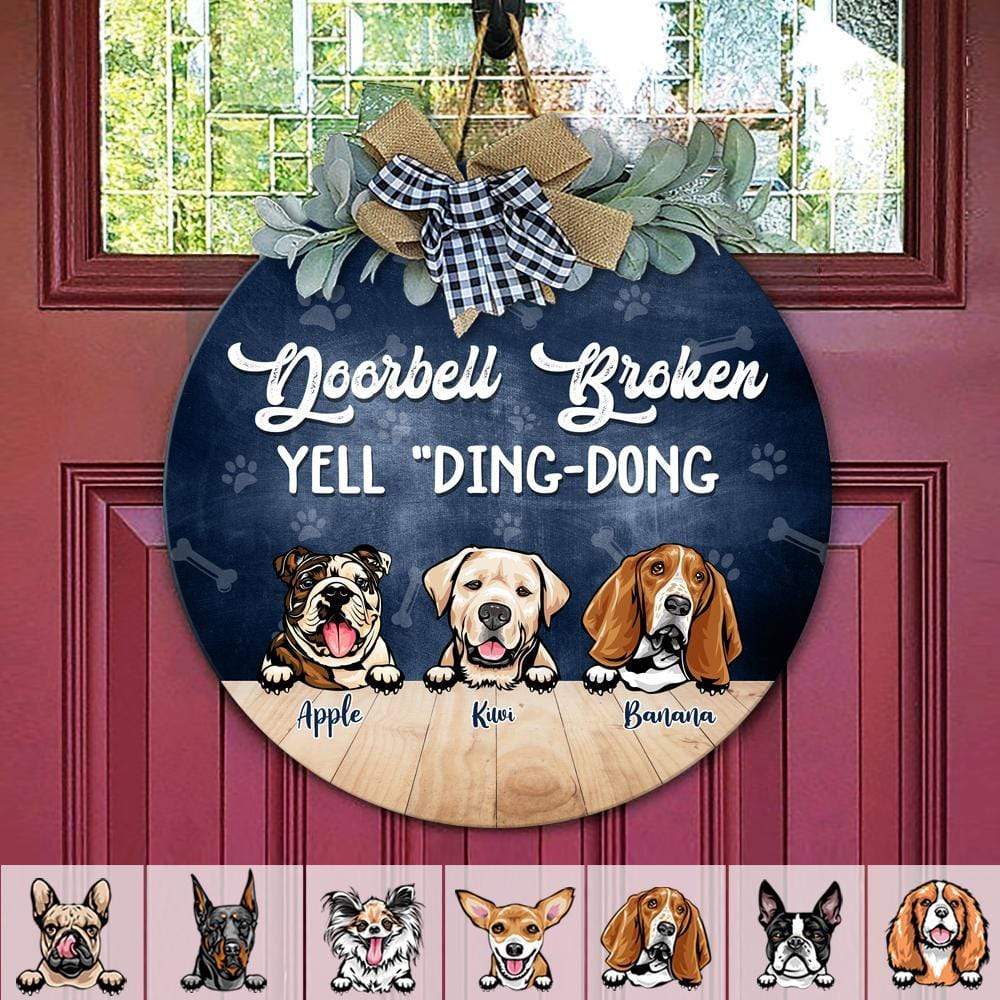 GeckoCustom Doorbell Broken, Yell "Ding-Dong" Dog Wooden Door Sign With Wreath, Dog Lover Gift, Dog Door Hanger HN590 12 Inch