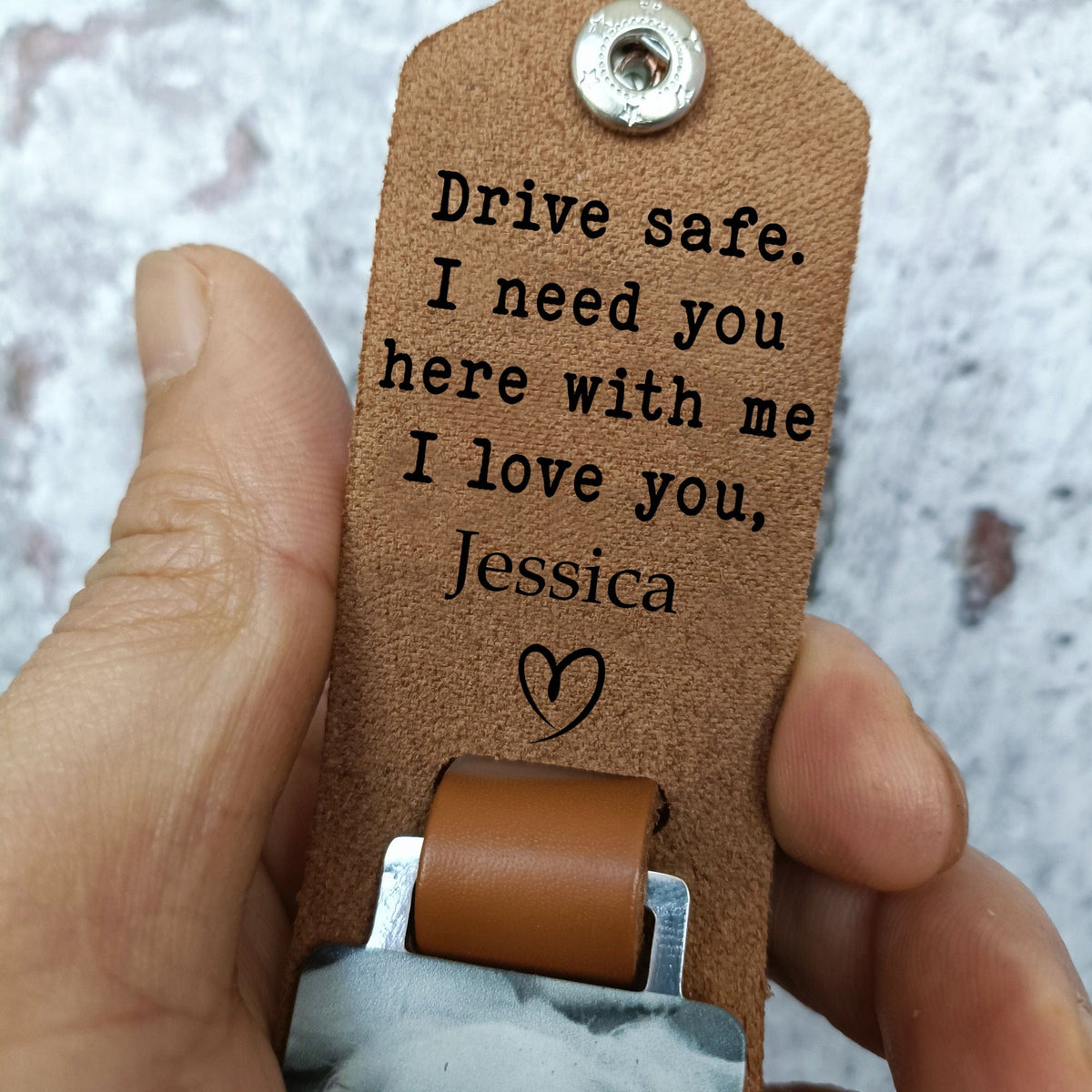 GeckoCustom Drive Safe I Need You Here Family Vintage Leather Photo Keychain