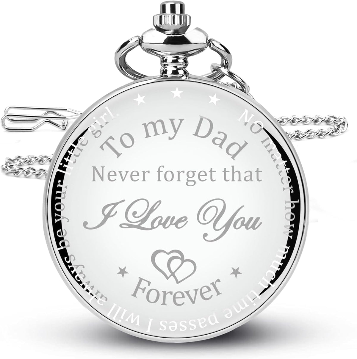 GeckoCustom Fathers Day Dad Gifts from Daughter Son, Birthday Gifts for Dad Grandpa Husband Step Dad Personalized Pocket Watch with Chain Silver