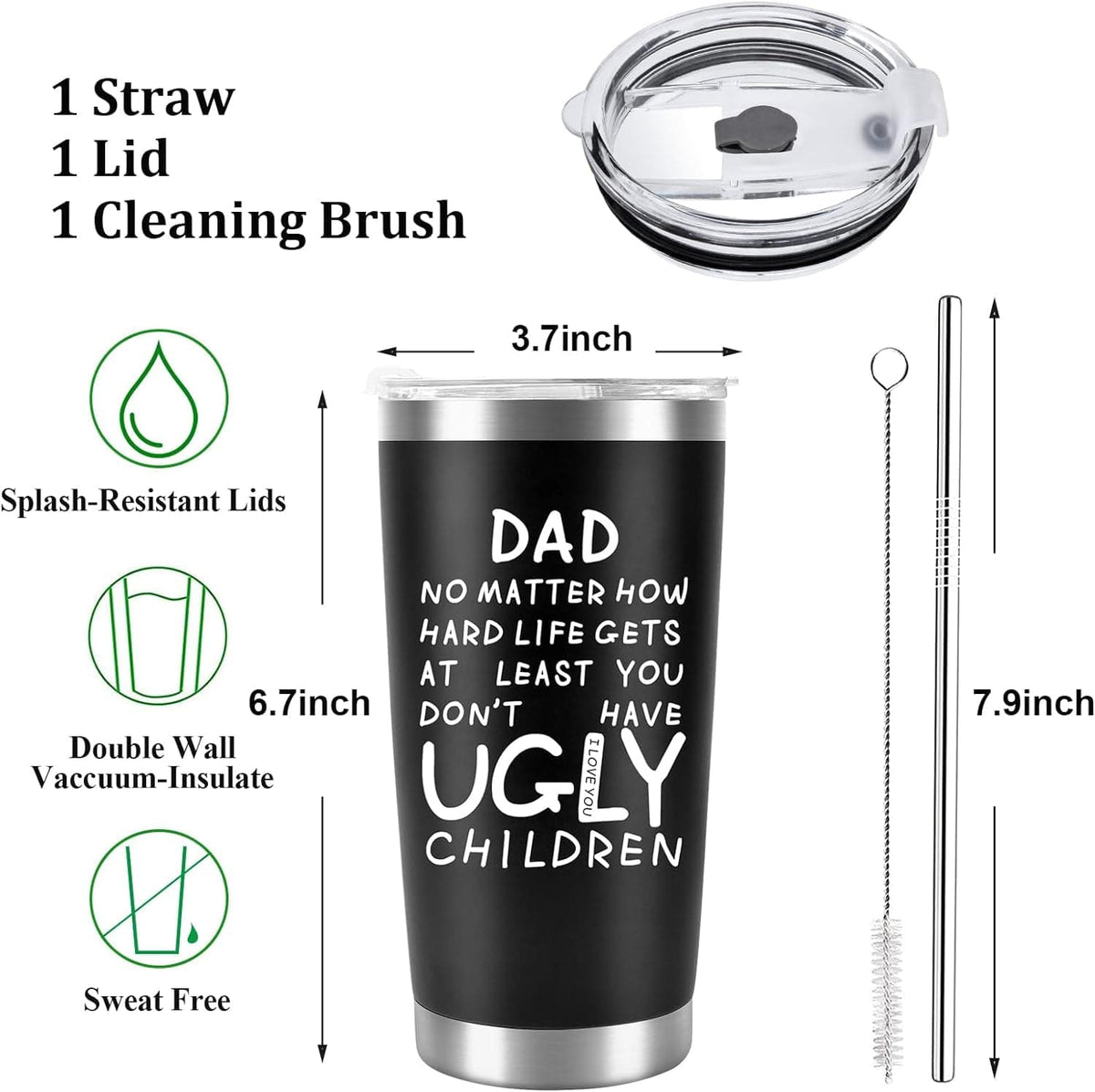 GeckoCustom Fathers Day Dad Gifts from Daughter Son Wife, 20Oz Tumbler Coffee Travel Cup with Straws Lids - Birthday Christmas Anniversary Presents Idea for New Dad Bonus Dad Stepdad Papa Father in Law Husband