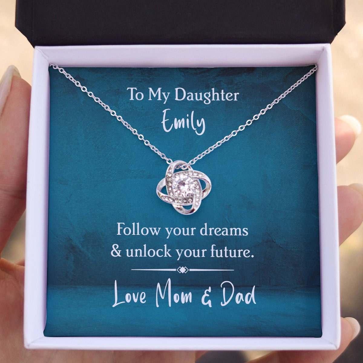 GeckoCustom Follow Your Dreams And Unlock Your Future Personalized Graduation Message Card Necklace C259 Love Knot