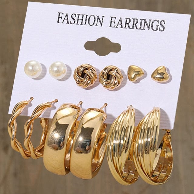 GeckoCustom Gold Color Pearl Hoop Earrings Set Metal Dangle Earrings Vintage Circle Geometric Twist for Women Girls Trendy Jewelry Gifts LY54198