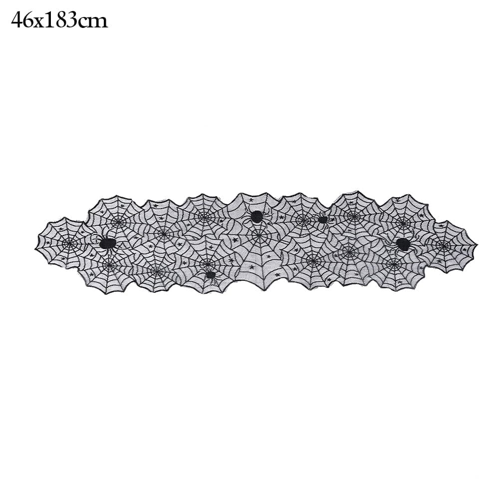 GeckoCustom Halloween Bat Table Runner Black Spider Web Lace Tablecloth Fireplace Curtain for Halloween Party Decoration Horror House Props as picture 2