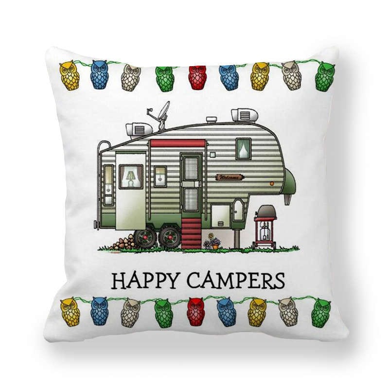 GeckoCustom Happy Camper Pillow Case Owl Camper Throw Pillow Case Cover Decorative Pillowcases 45*45CM Car Pillowcase hoofdkussen almohada 8 / 450*450mm