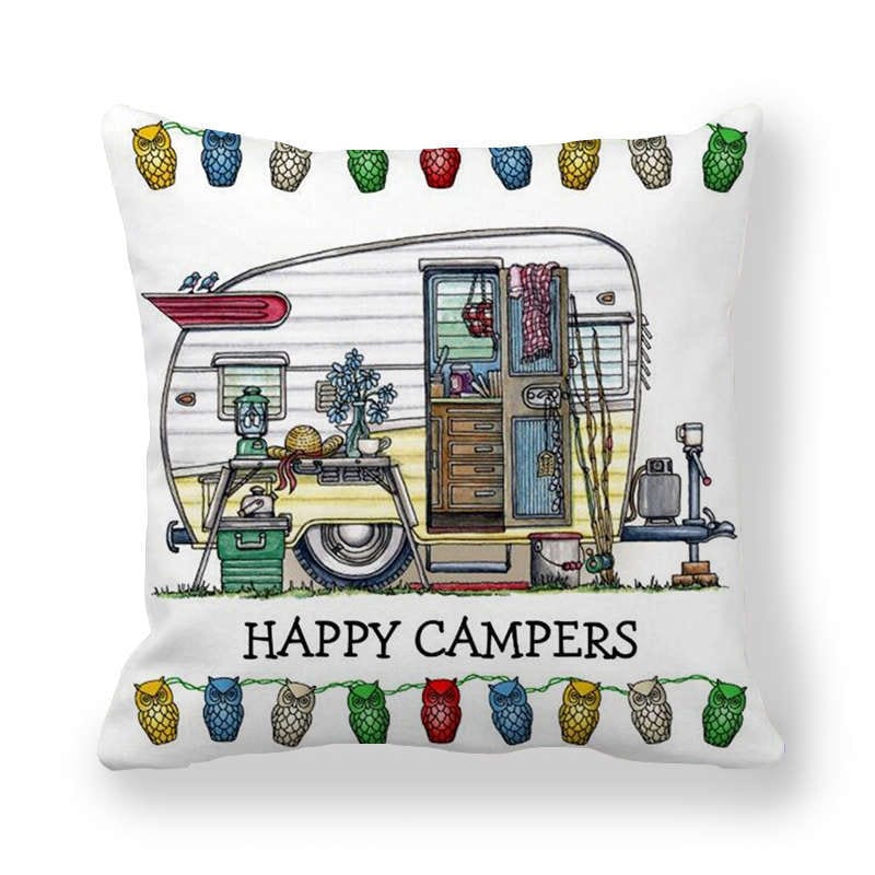 GeckoCustom Happy Camper Pillow Case Owl Camper Throw Pillow Case Cover Decorative Pillowcases 45*45CM Car Pillowcase hoofdkussen almohada 1 / 450*450mm